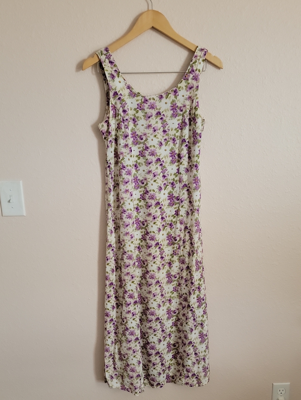 Alexandra Lee Vintage Cream Ivory Green Purple Floral Midi Dress lightweight 90s